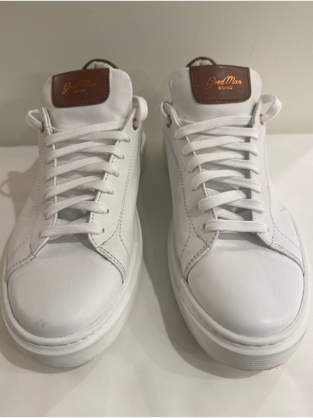 Good Man Brand White Leather Low-Top Sneakers with Brown Logo Tab